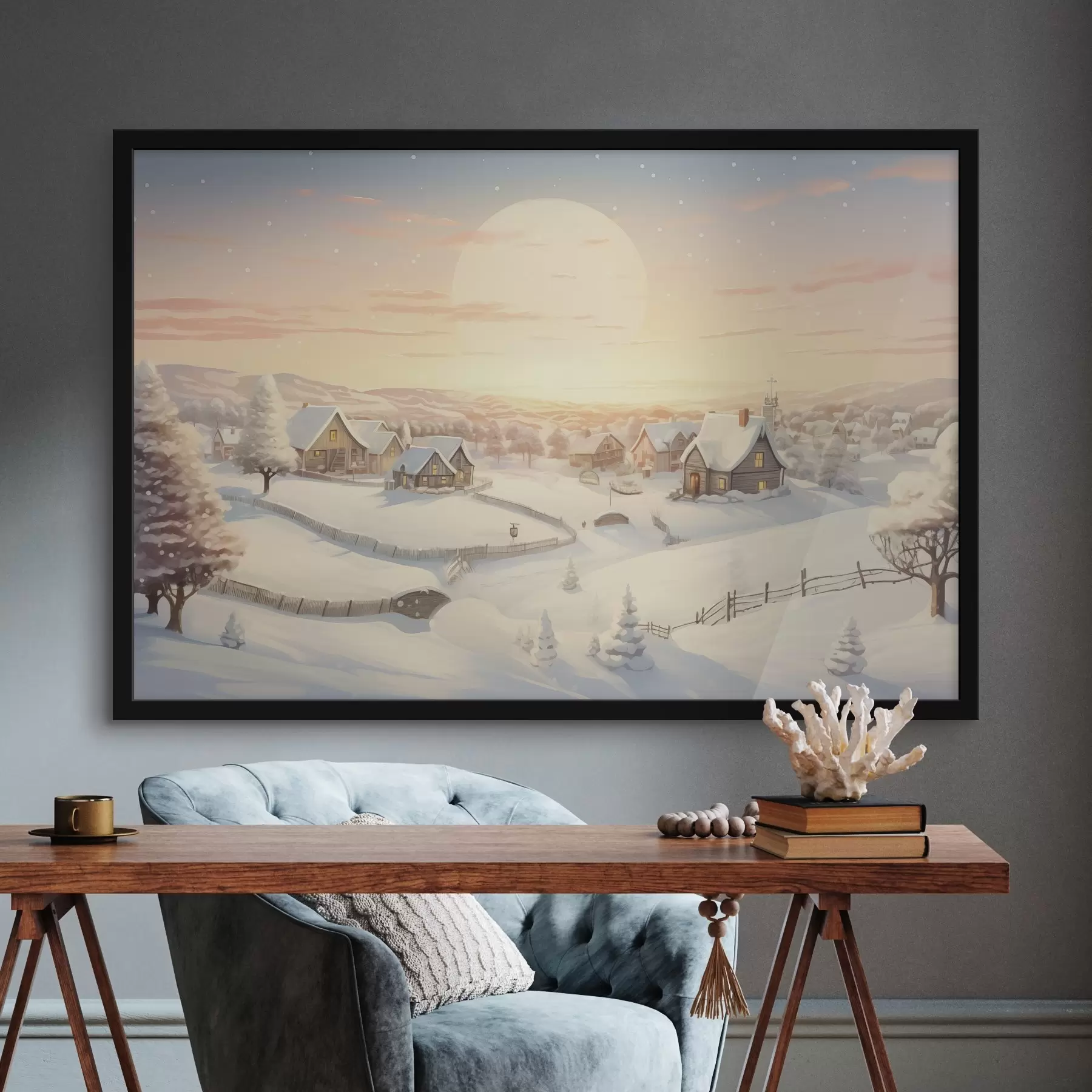 Fotobehang Winterdorp in de zonsondergang, huizen bedekt met sneeuw, dennenbomen f41380