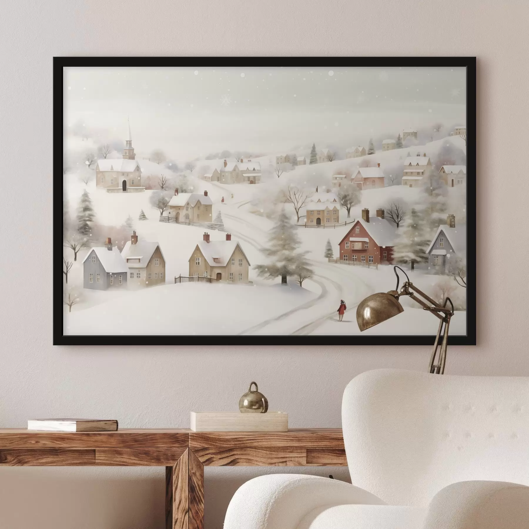 Fotobehang Winterdorp, aquarel, sneeuwvlokken, zachte kleuren, bomen, landschap f41381