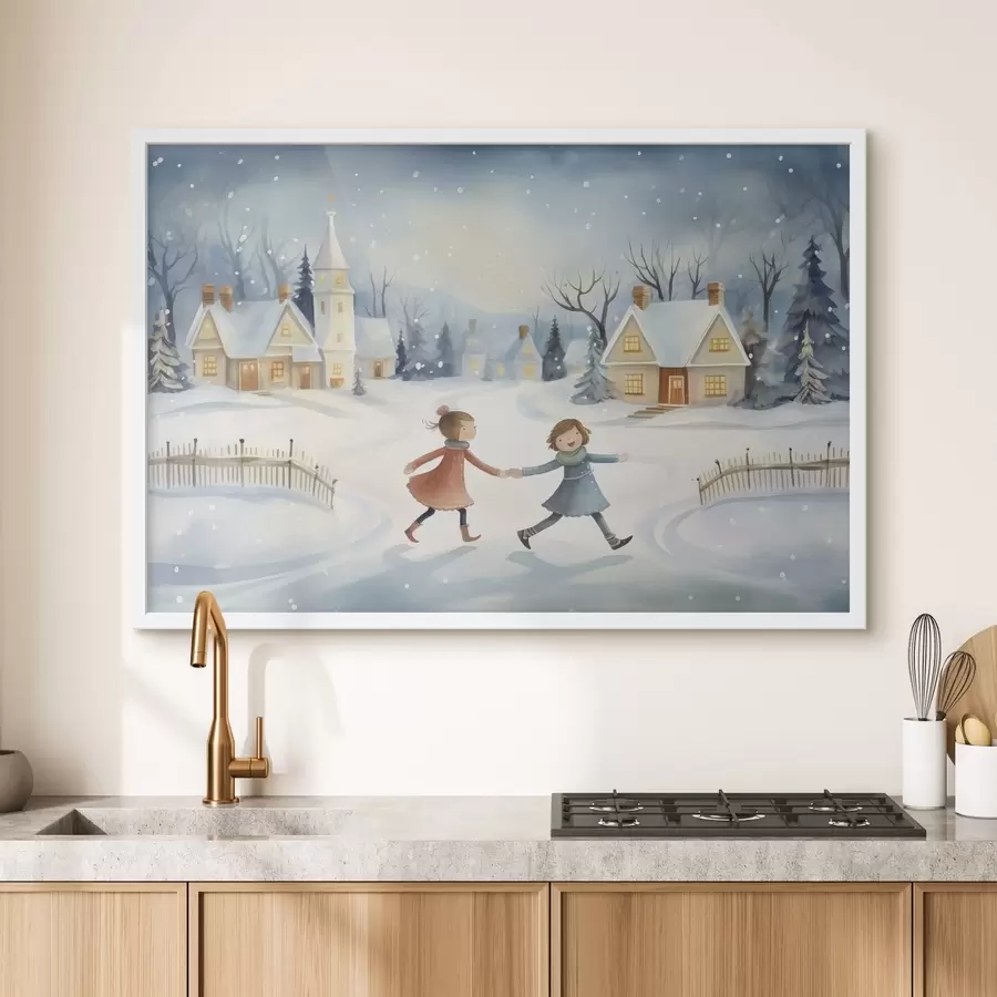 Fotobehang Meisjes in het winterdorp, sneeuwvlokken, aquarel, huizen, bos f41385