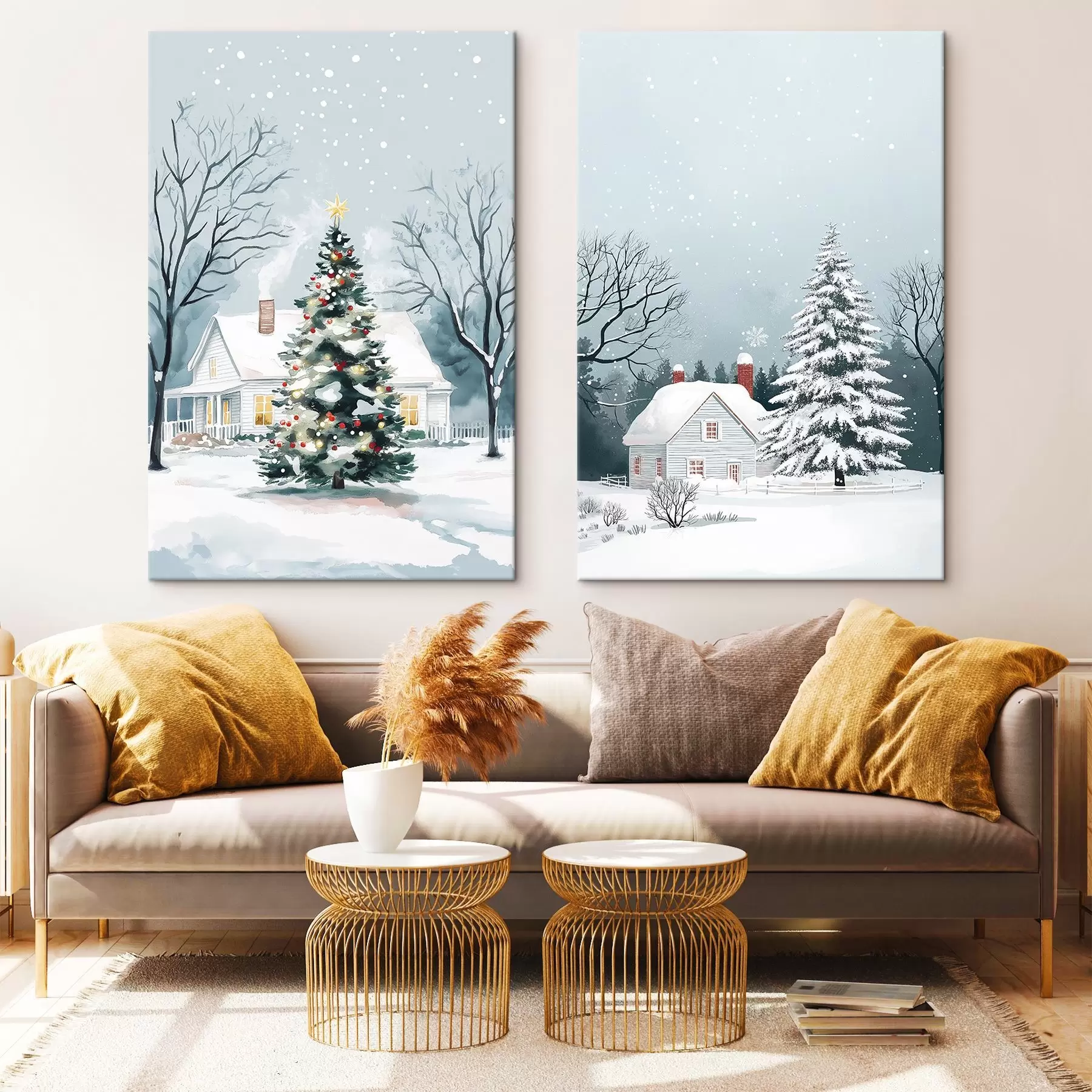  Schilderijen Winterstad, dennenbomen, kerstmis, bos, sneeuwvlokken, mooie huizen m00372