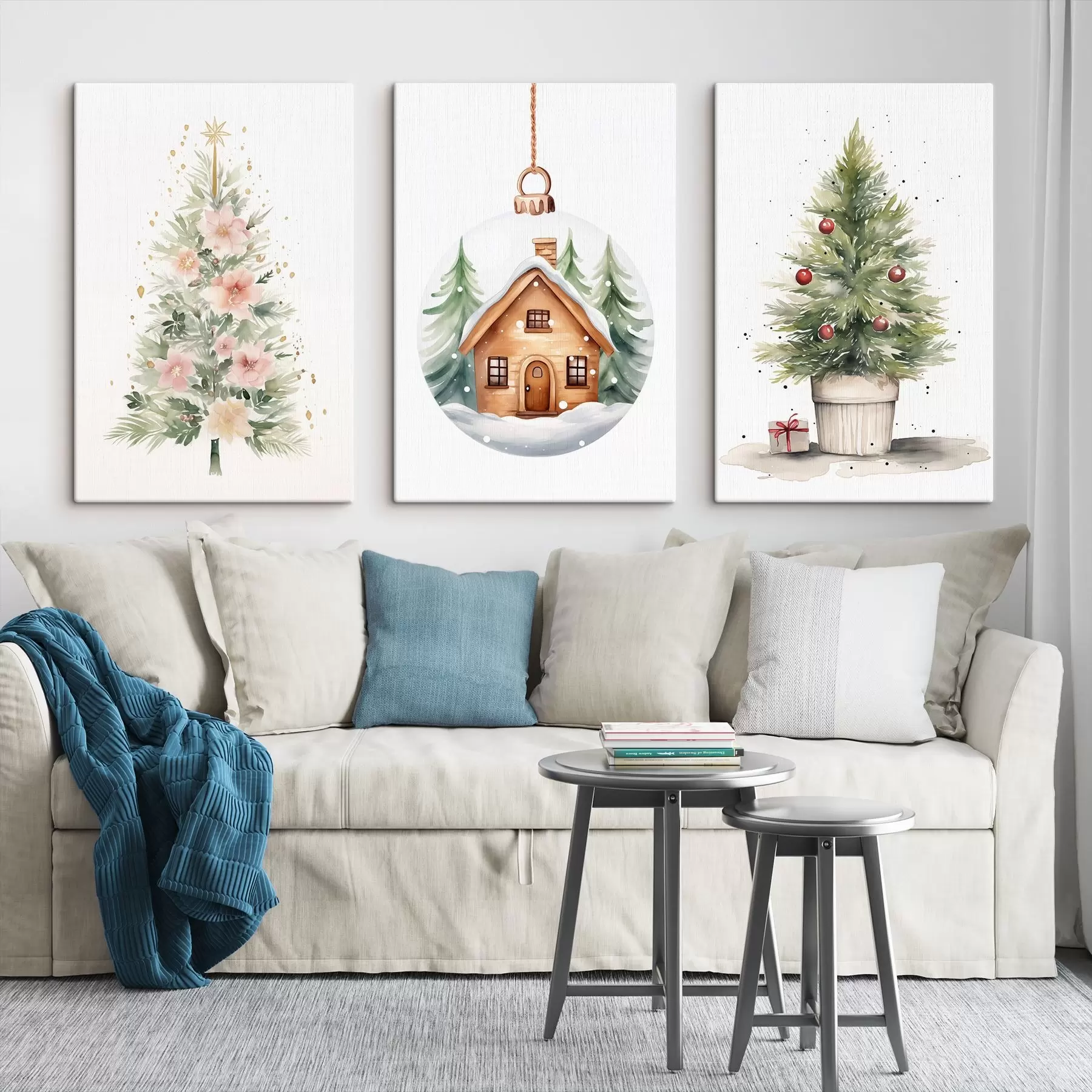  Schilderijen Kerst aquarel elementen, dennenboom, kristallen bol, cadeau, bloemen  m00373