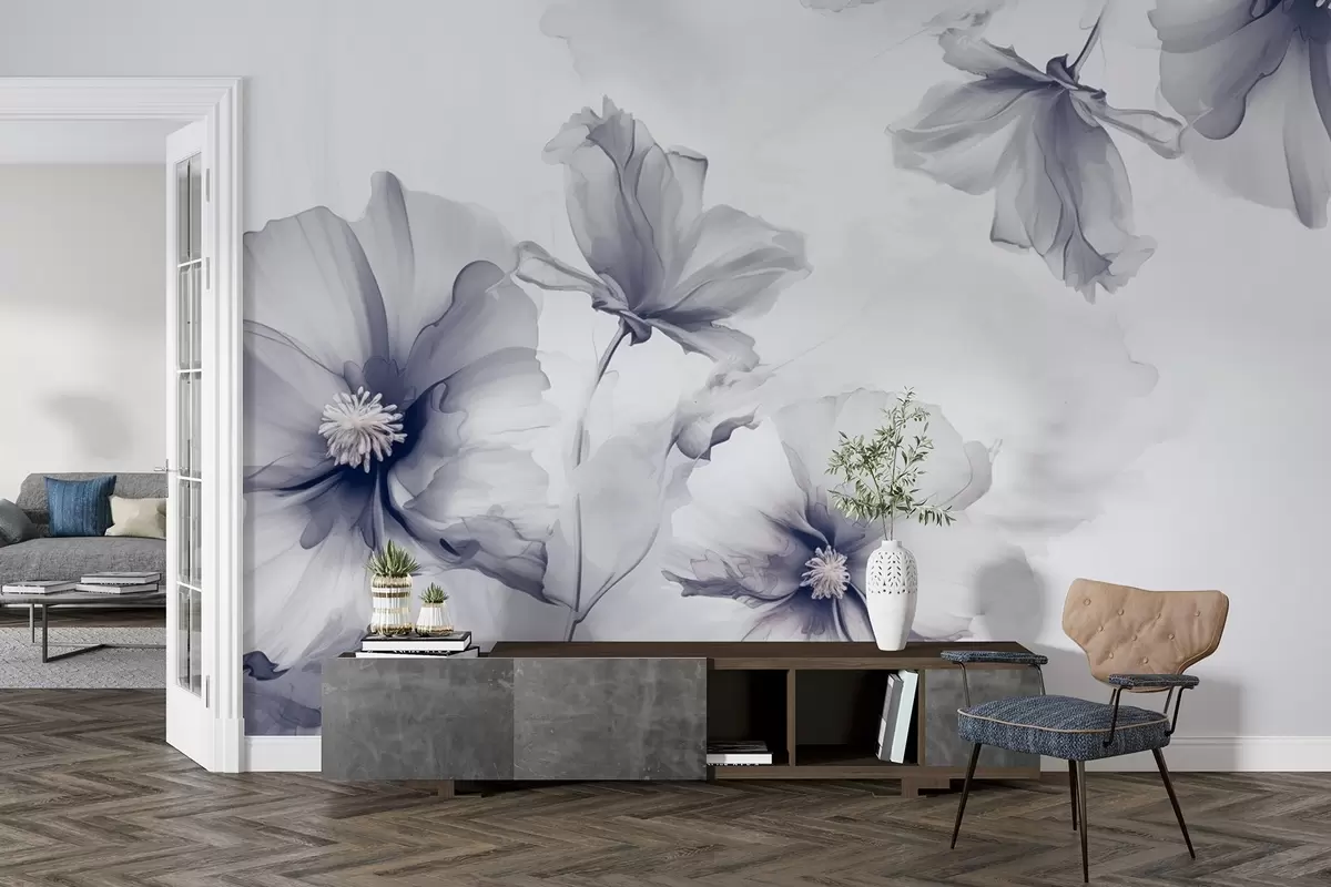 Fotobehang Luchtige doorschijnende blauwe bloemen die oplossen in het ochtendlicht w01938v2