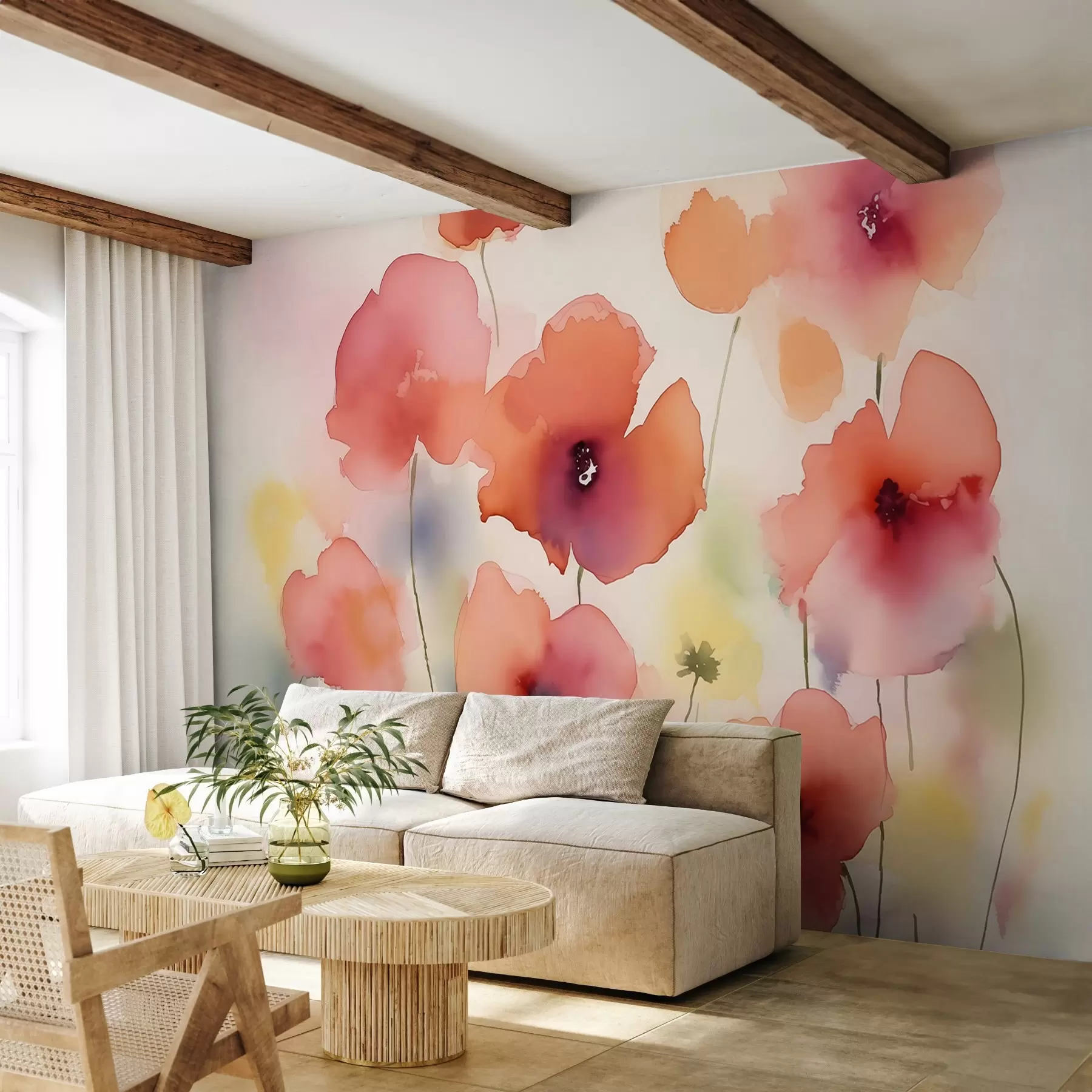 Fotobehang Rode roze bloemen vervaagde natte aquarel stijl w01947
