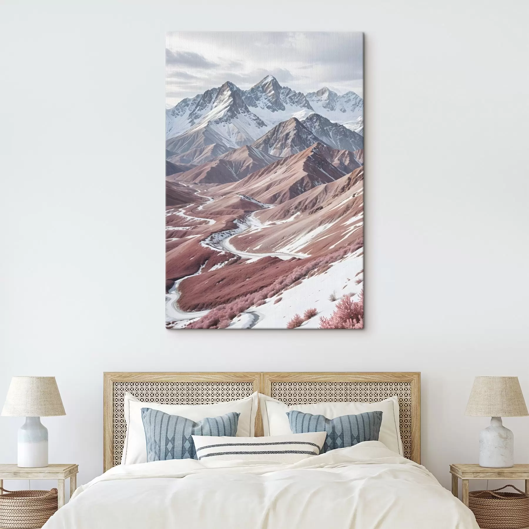  Schilderijen Ruige besneeuwde bergen met een kronkelende rivier die door een uitgestrekt, kleurrijk landschap stroomt s41262