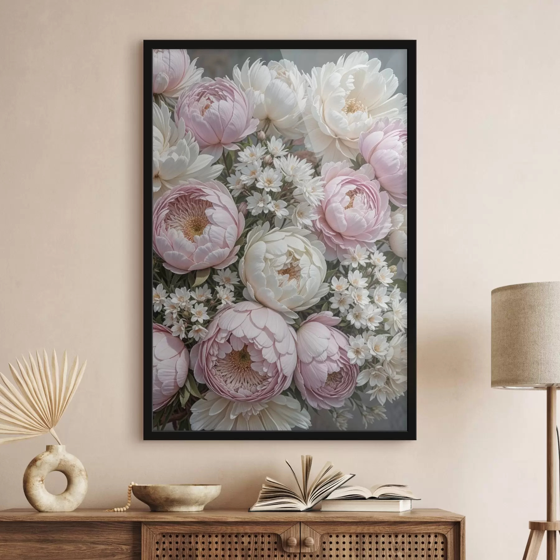 Fotobehang Een boeket van pastelroze pioenrozen en witte margrieten, gerangschikt in een prachtige bloemencompositie f41255