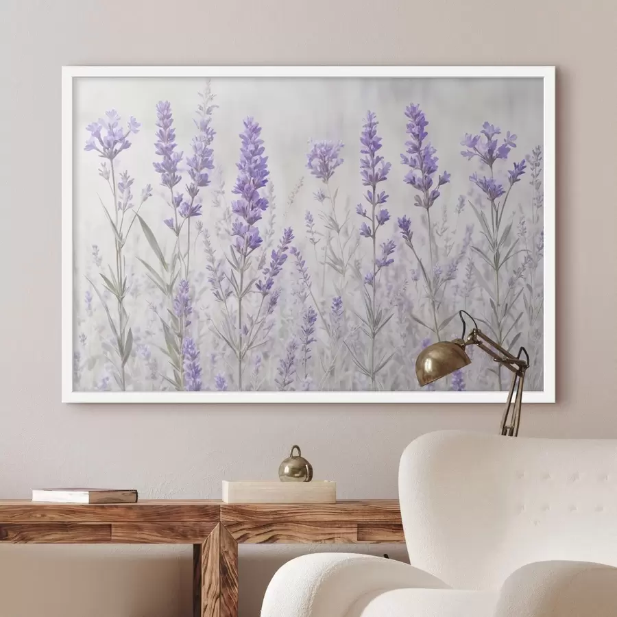 Fotobehang Een veld van paarse lavendel bloemen tegen een vage getextureerde achtergrond f41265