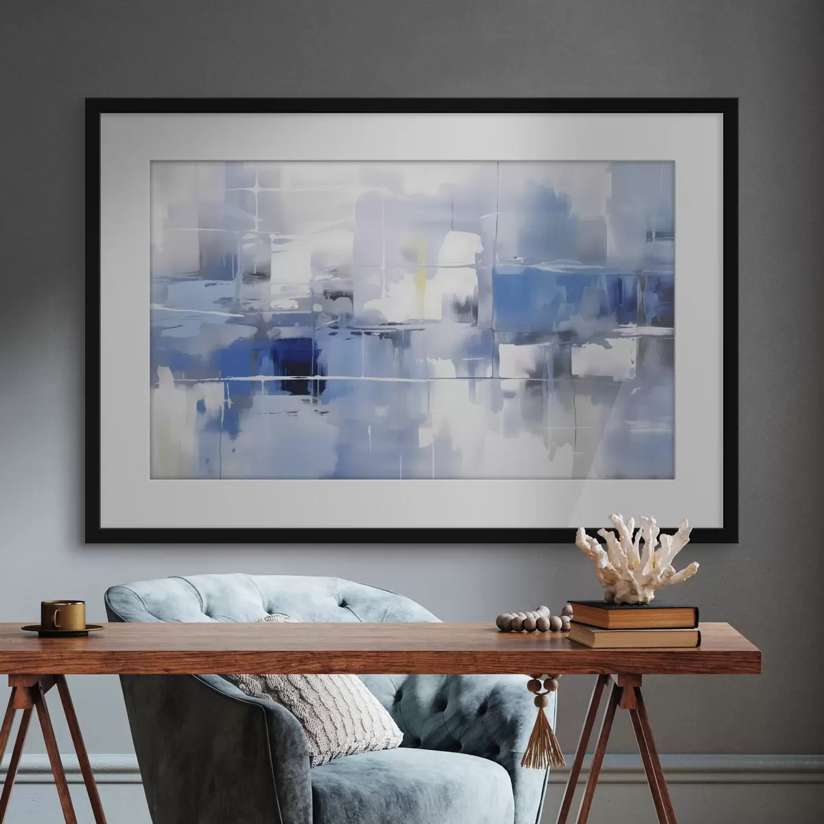 Poster Een moderne abstractie in blauw-, wit- en grijstinten met vage lijnen en vormen f41269