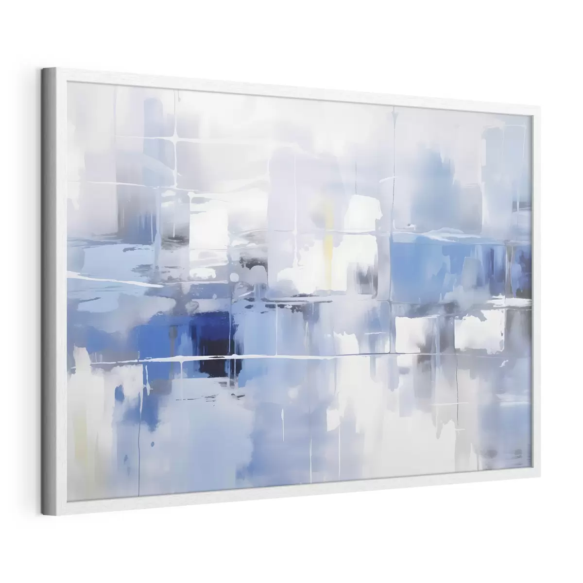 Poster Een moderne abstractie in blauw-, wit- en grijstinten met vage lijnen en vormen f41269