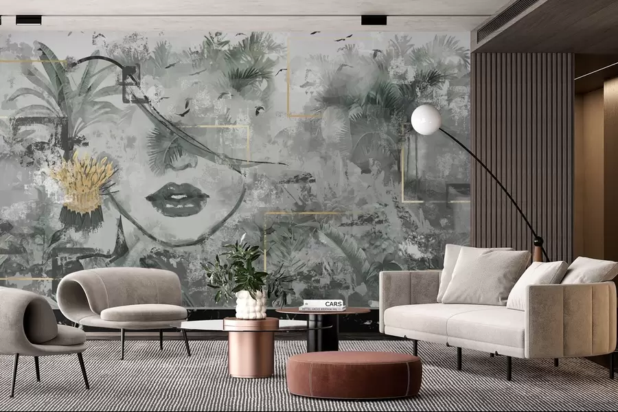 Fotobehang Grunge regenwoud en silhouet van meisjesgezicht w01916