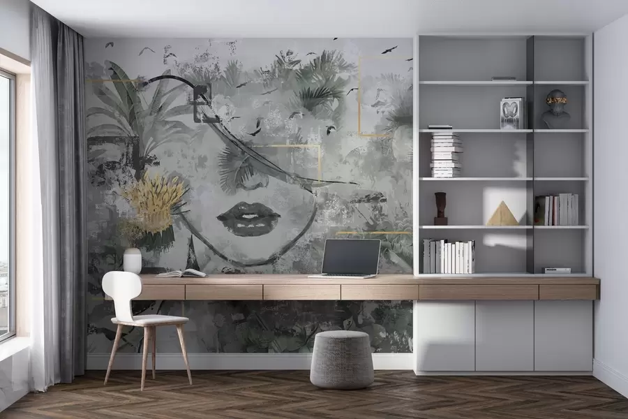 Fotobehang Grunge regenwoud en silhouet van het gezicht van een meisje w01916d1