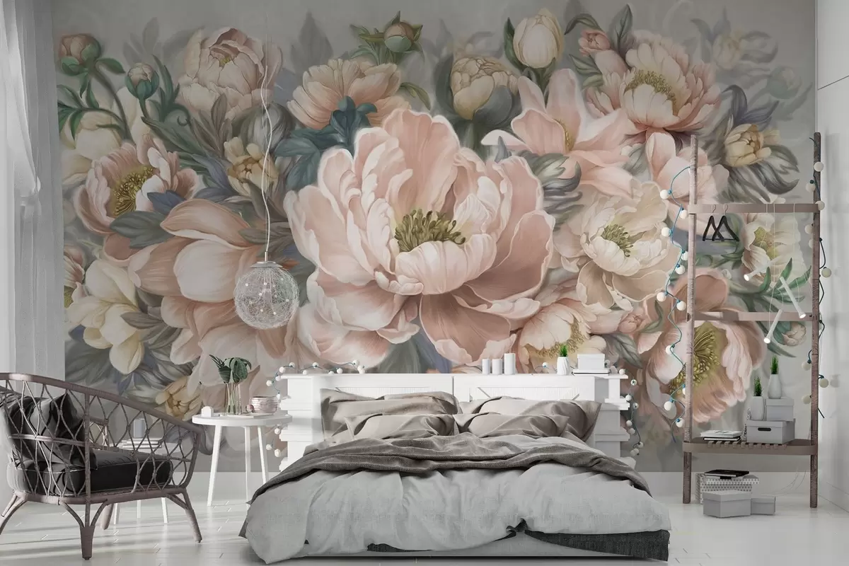 Fotobehang Grote bloemen in beige poederkleur w01966v2