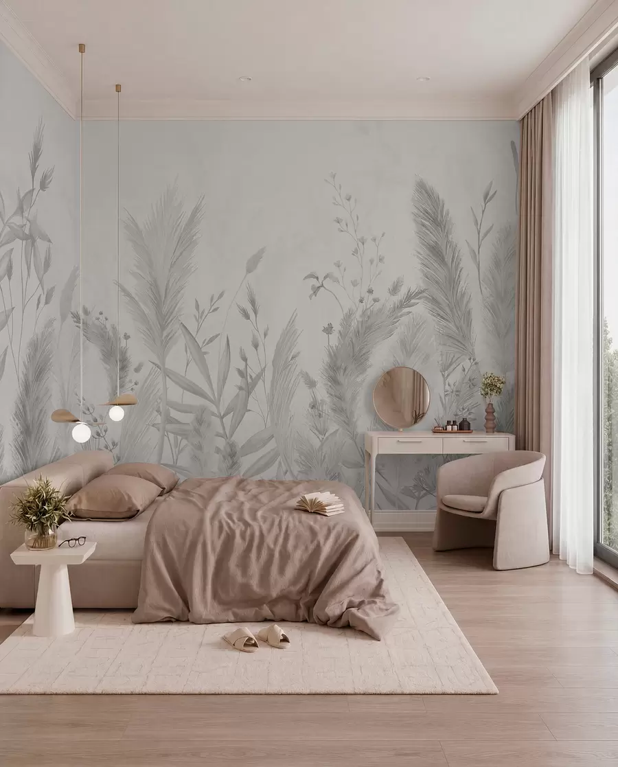 Fotobehang Hoge veldgrassen en bloemen in neutrale kleuren w02004