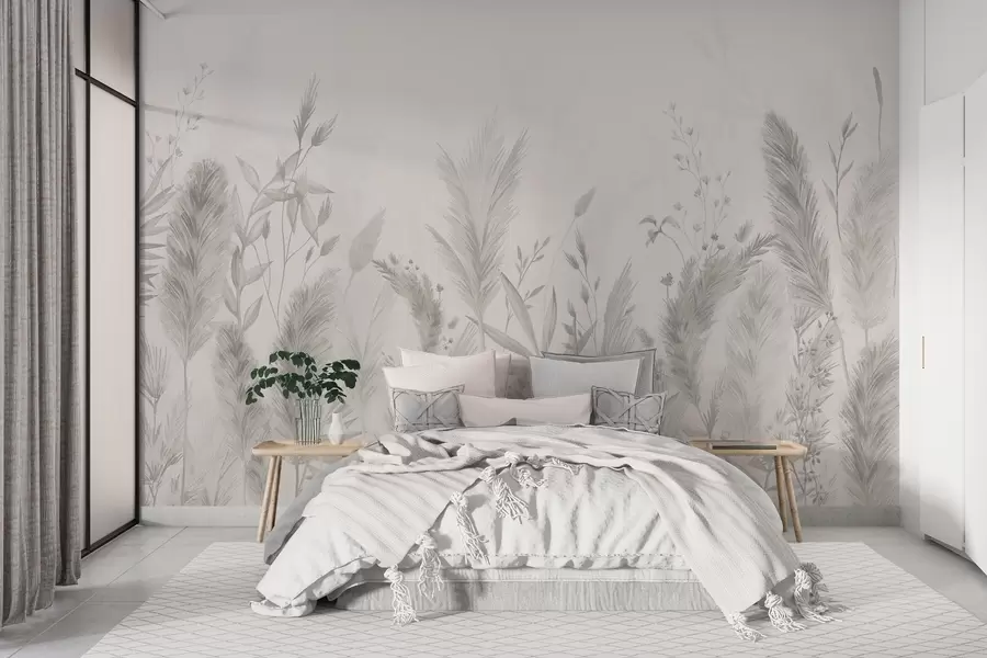 Fotobehang Hoge veldgrassen en bloemen in neutrale kleuren w02004