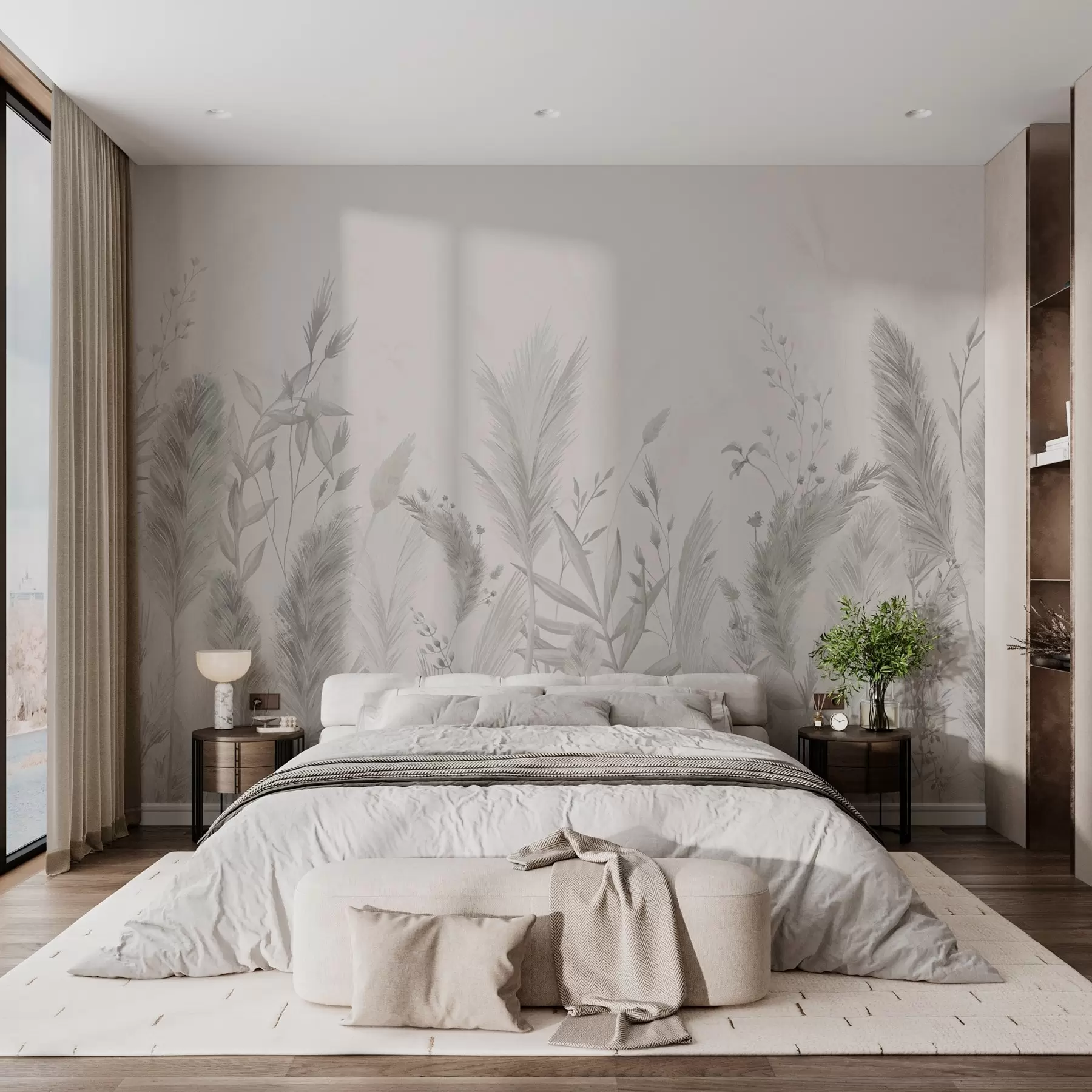 Fotobehang Hoge veldgrassen en bloemen in neutrale kleuren w02004