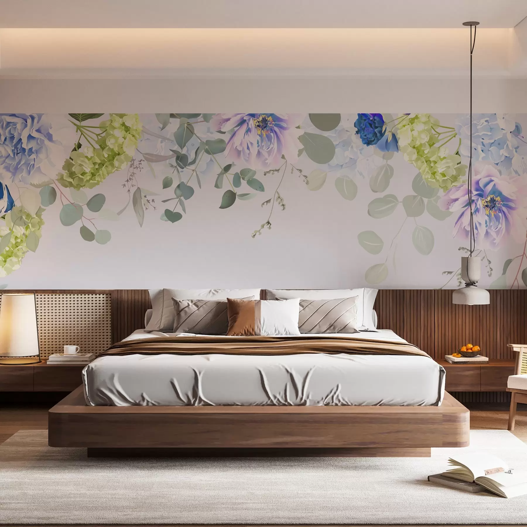 Fotobehang paarse bloemen op groene bladeren bovenaan w02016v1