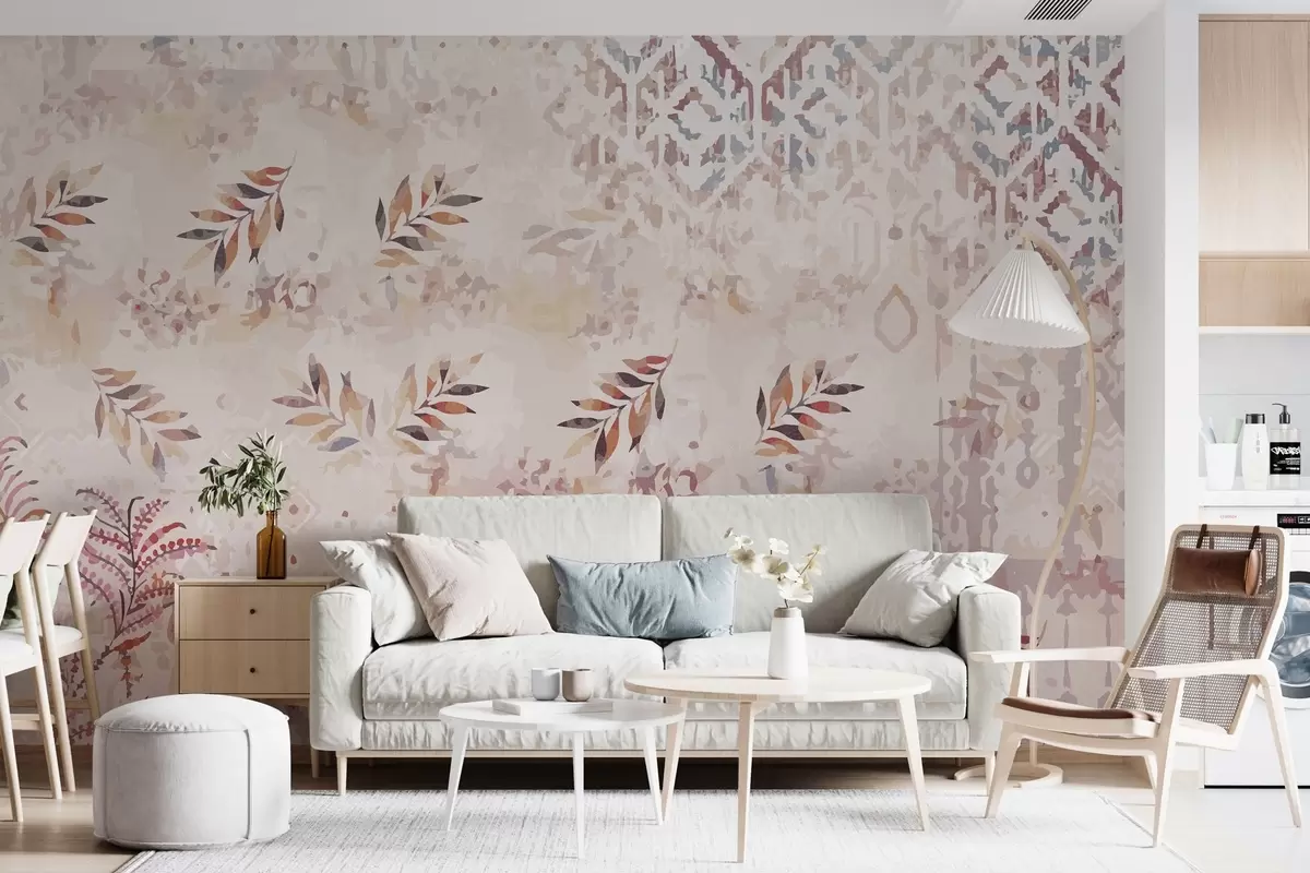 Fotobehang behang in retrostijl met patronen, slijtage-elementen, vlekken en bladeren, met een paarse tint w01955v1