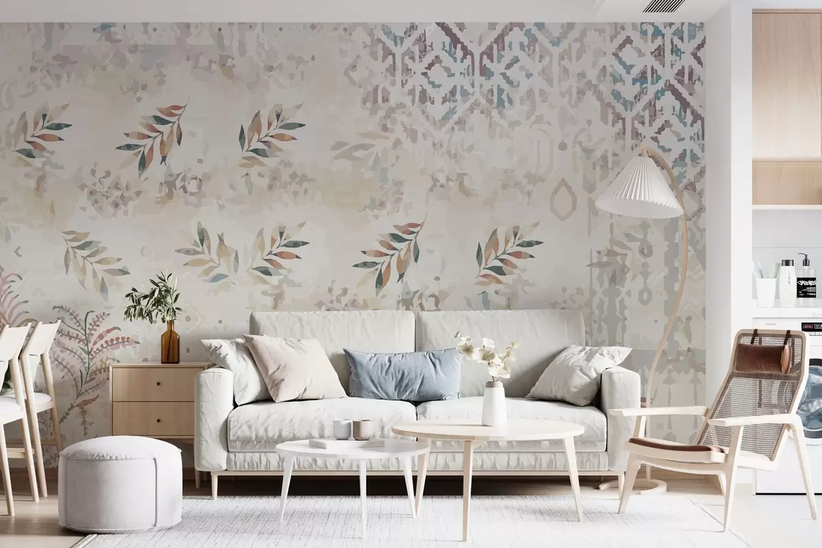 Fotobehang behang in retrostijl met patronen, slijtage-elementen, vlekken en bladeren, met koude beige tinten w01955v2