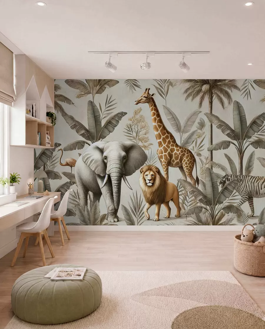 Fotobehang Safari kinderbehang met tropisch landschap en verschillende dieren in elegante kleuren w01956