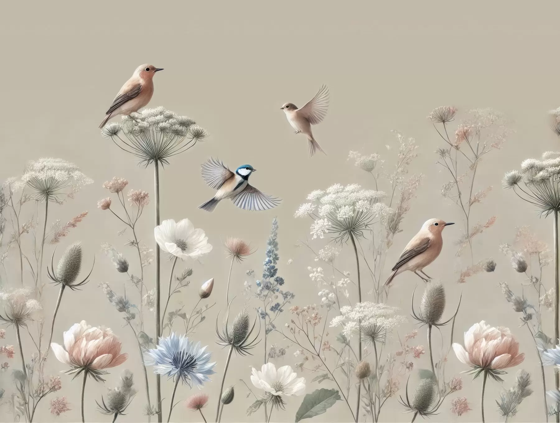 Fotobehang Delicate wilde bloemen met vogels op een beige achtergrond w01958