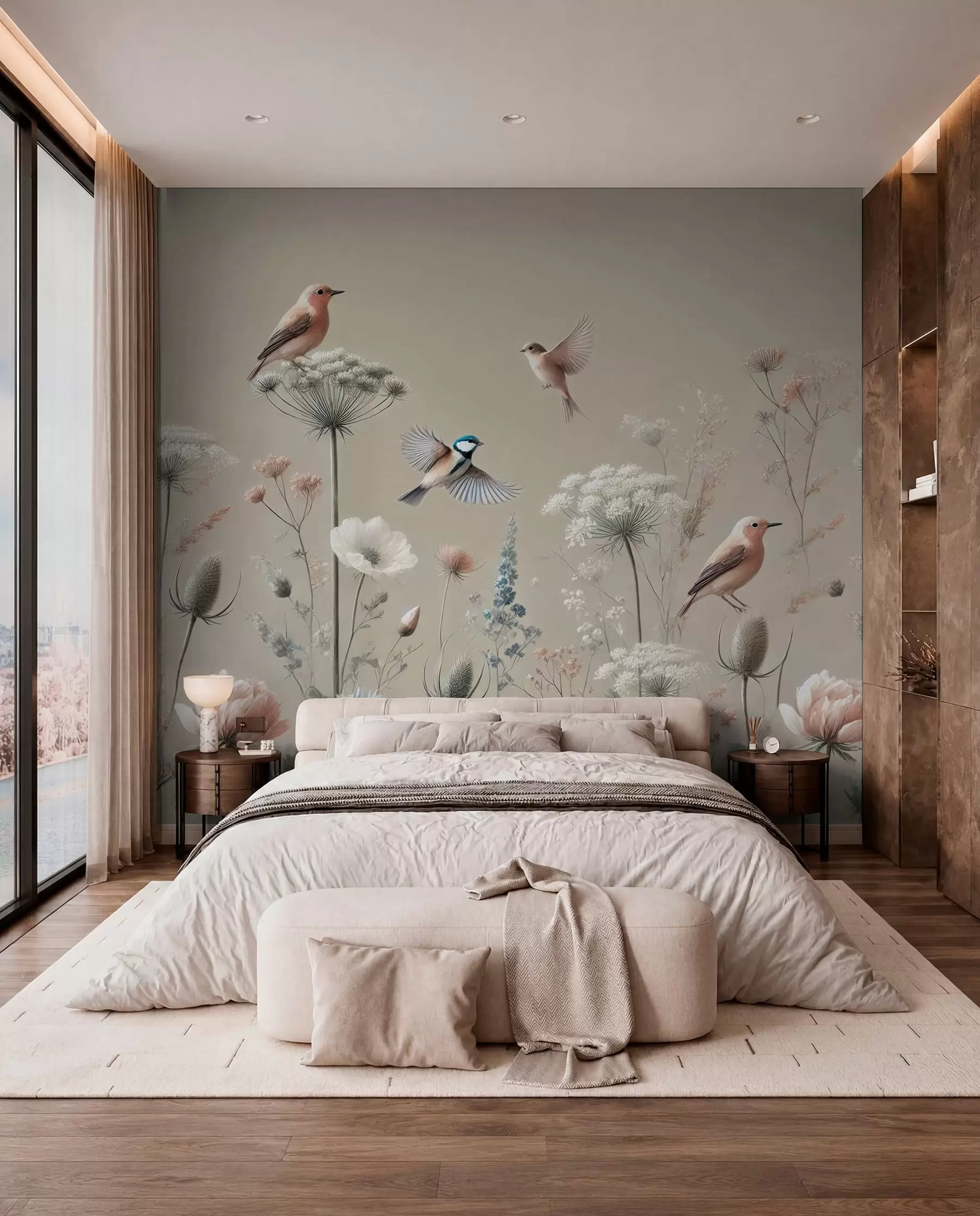 Fotobehang Delicate wilde bloemen met vogels op een beige achtergrond w01958