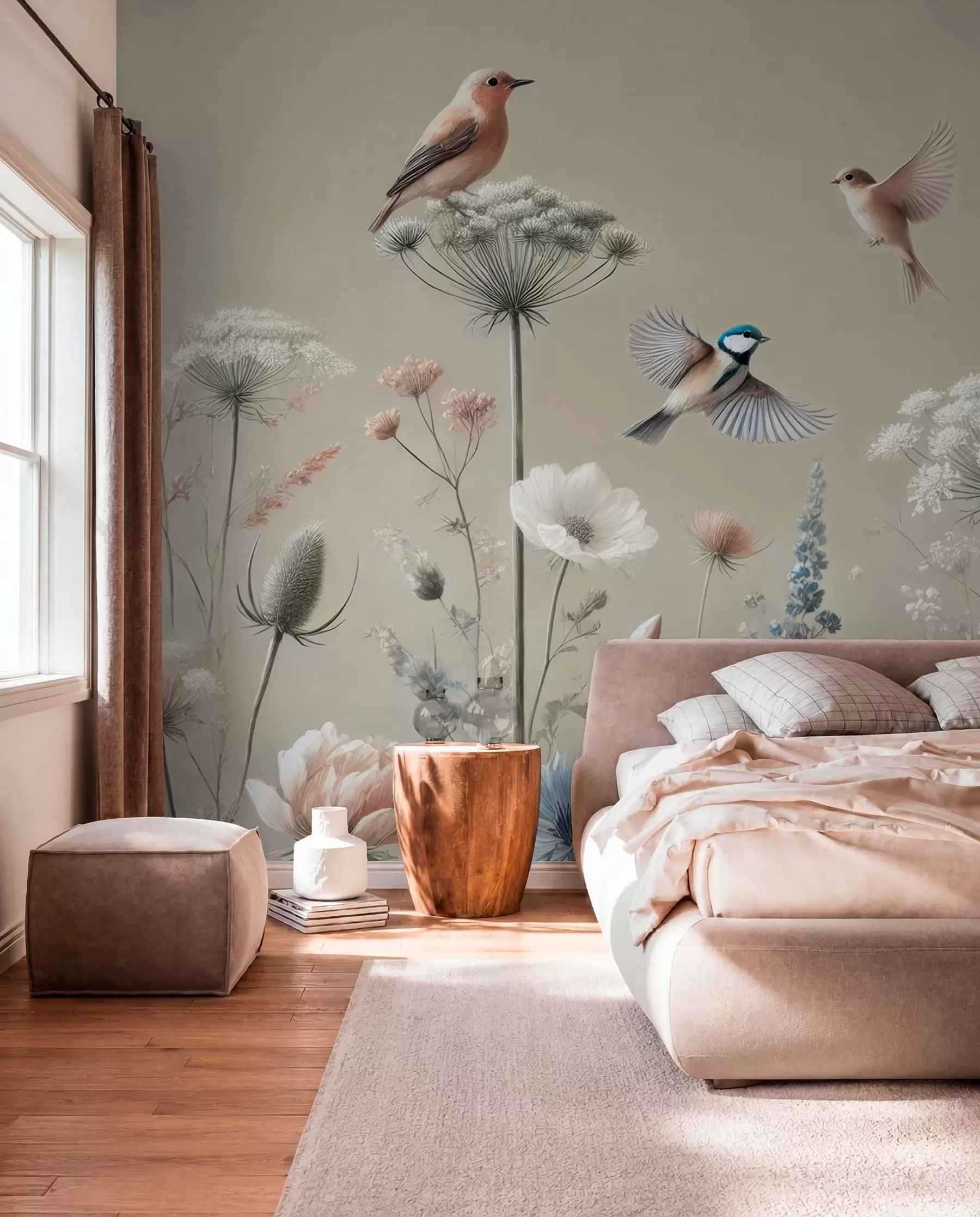 Fotobehang Delicate wilde bloemen met vogels op een beige achtergrond w01958