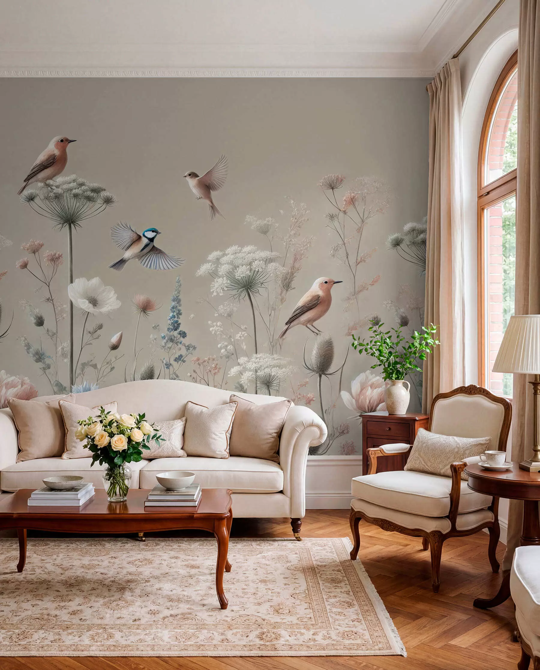 Fotobehang Delicate wilde bloemen met vogels op een beige achtergrond w01958