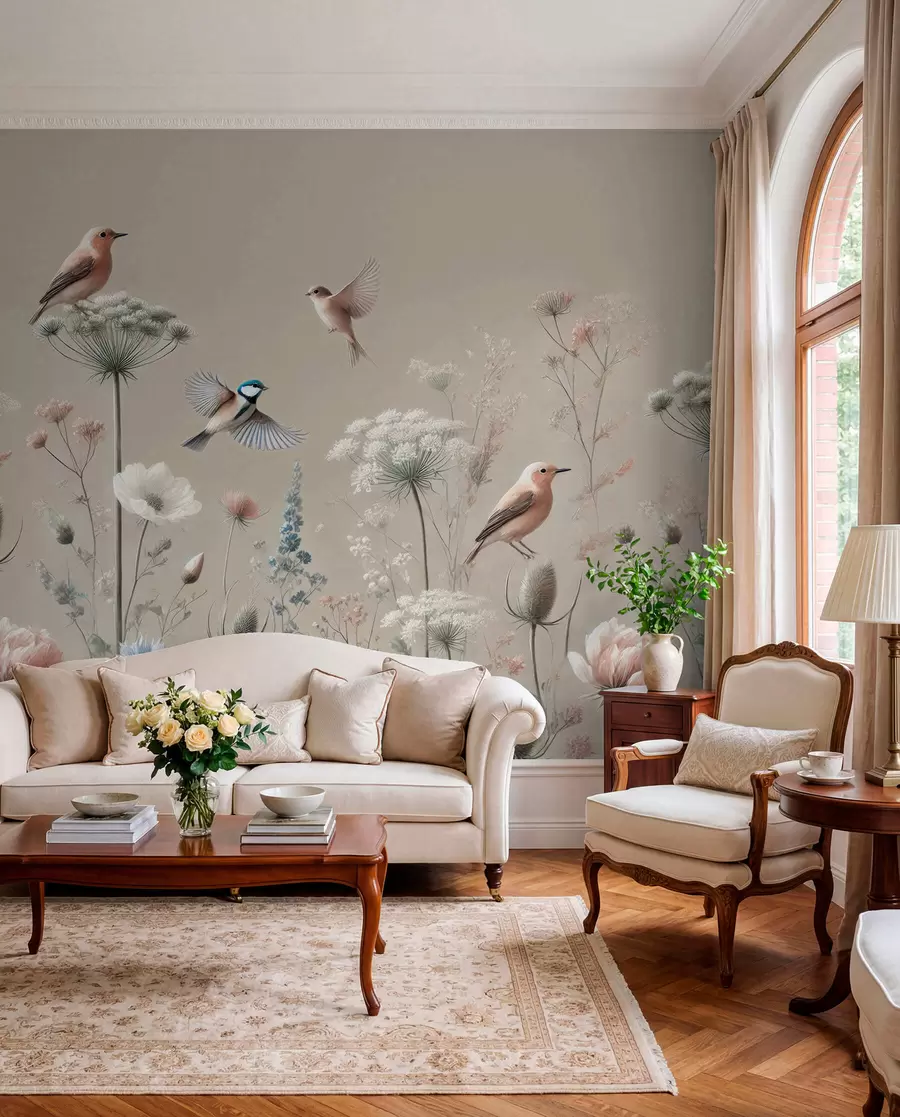 Fotobehang Weidevogels in zacht beige w01958