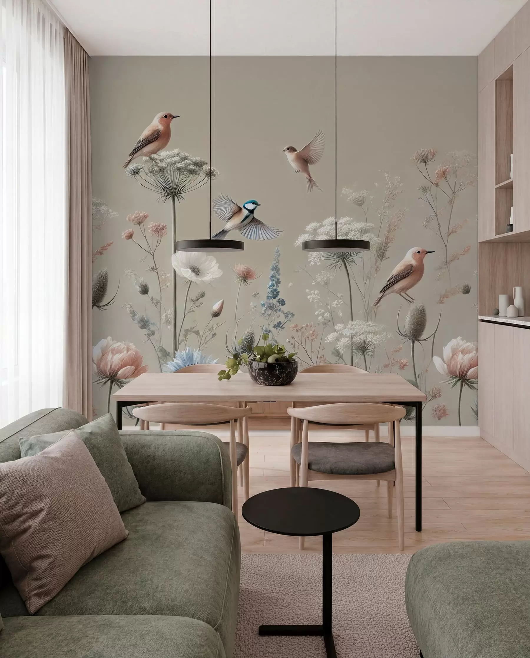 Fotobehang Delicate wilde bloemen met vogels op een beige achtergrond w01958