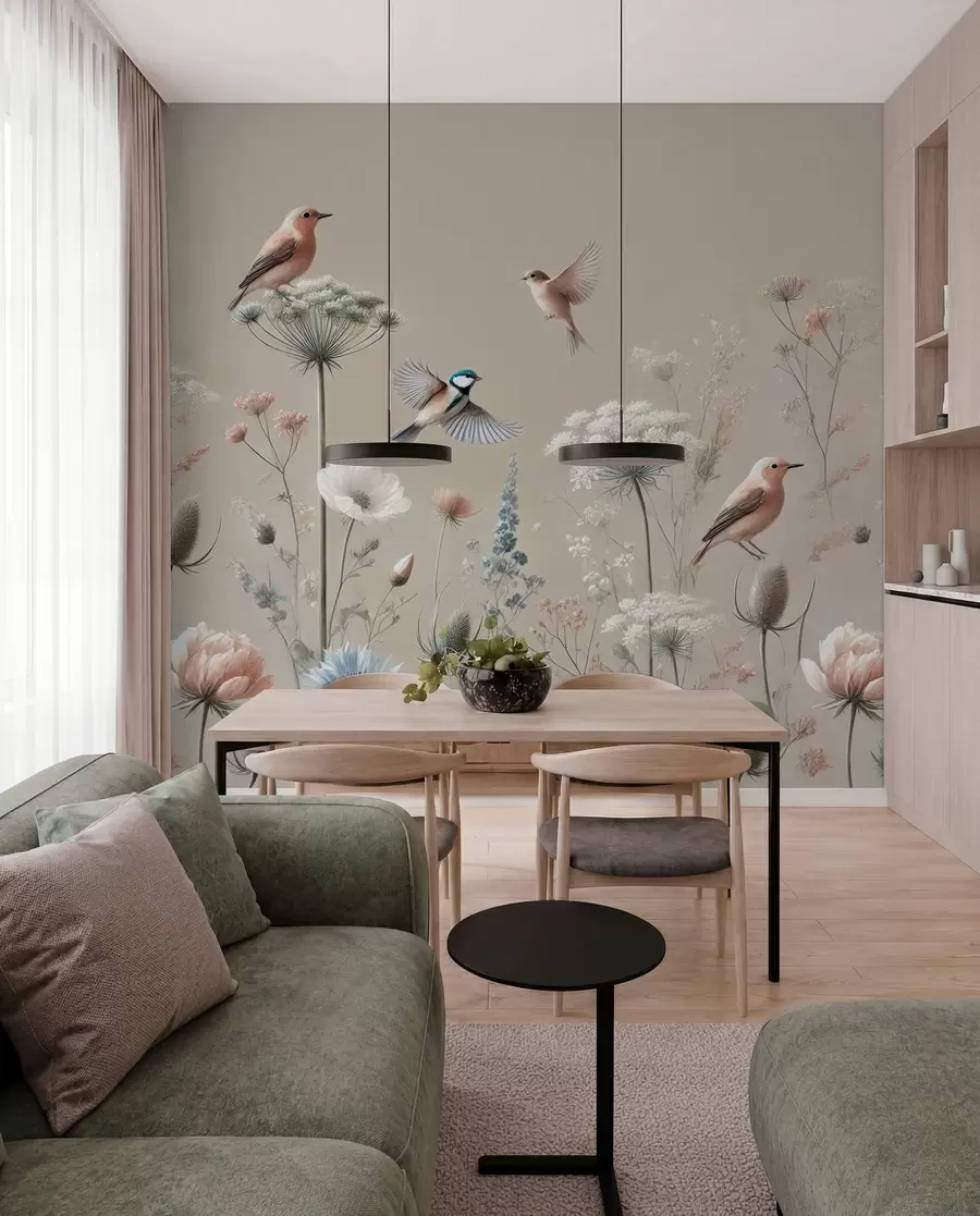 Fotobehang Delicate wilde bloemen met vogels op een beige achtergrond w01958