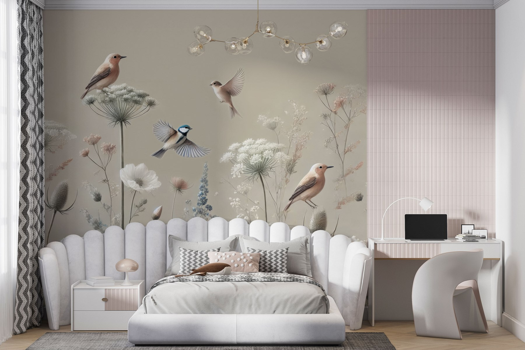 Fotobehang met Bloemen met vogel en vlinder