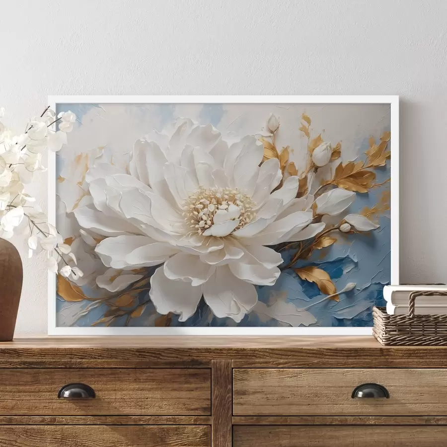 Fotobehang Witte bloem op blauw-witte achtergrond f41311