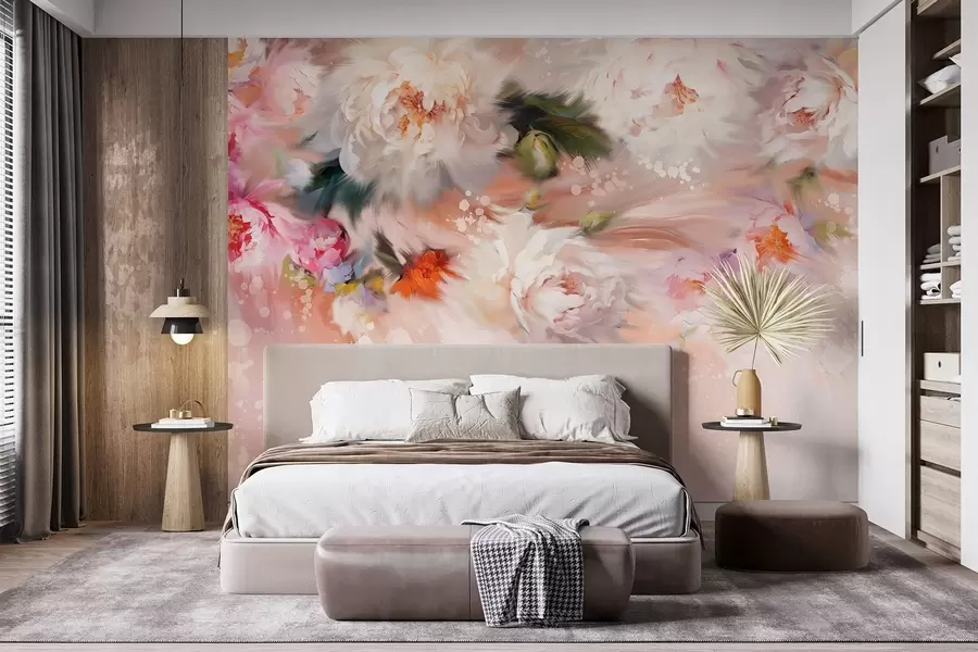 Fotobehang Acryl pioenrozen, penseelstreken, bloemig, zachte pastelkleuren w02021