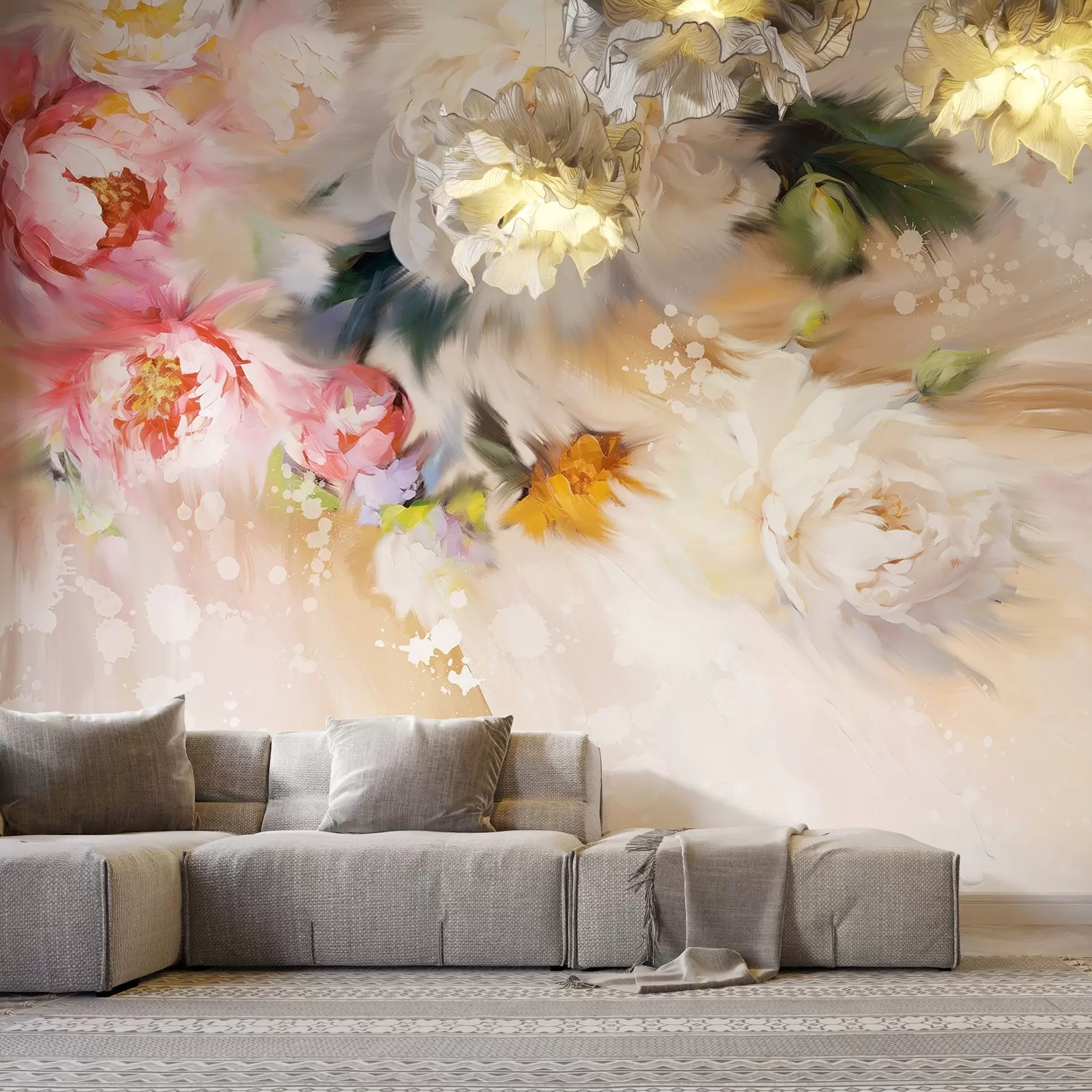 Fotobehang Acryl pioenrozen, penseelstreken, bloemig, zachte pastelbeige kleuren w02021v2