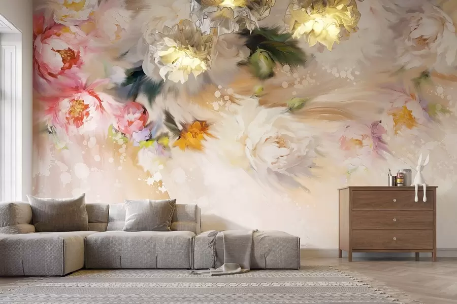 Fotobehang Acryl pioenrozen, penseelstreken, bloemig, zachte pastelbeige kleuren w02021v2