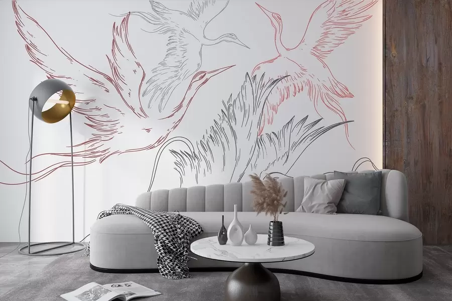 Fotobehang Vliegende vogels, minimalisme, lijntekeningen, natuur, grijze en rode kleuren w02061v1