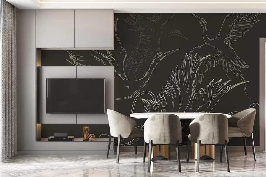 Fotobehang Vliegende vogels, minimalisme, lijntekening, natuur, donkere achtergrond w02061v3