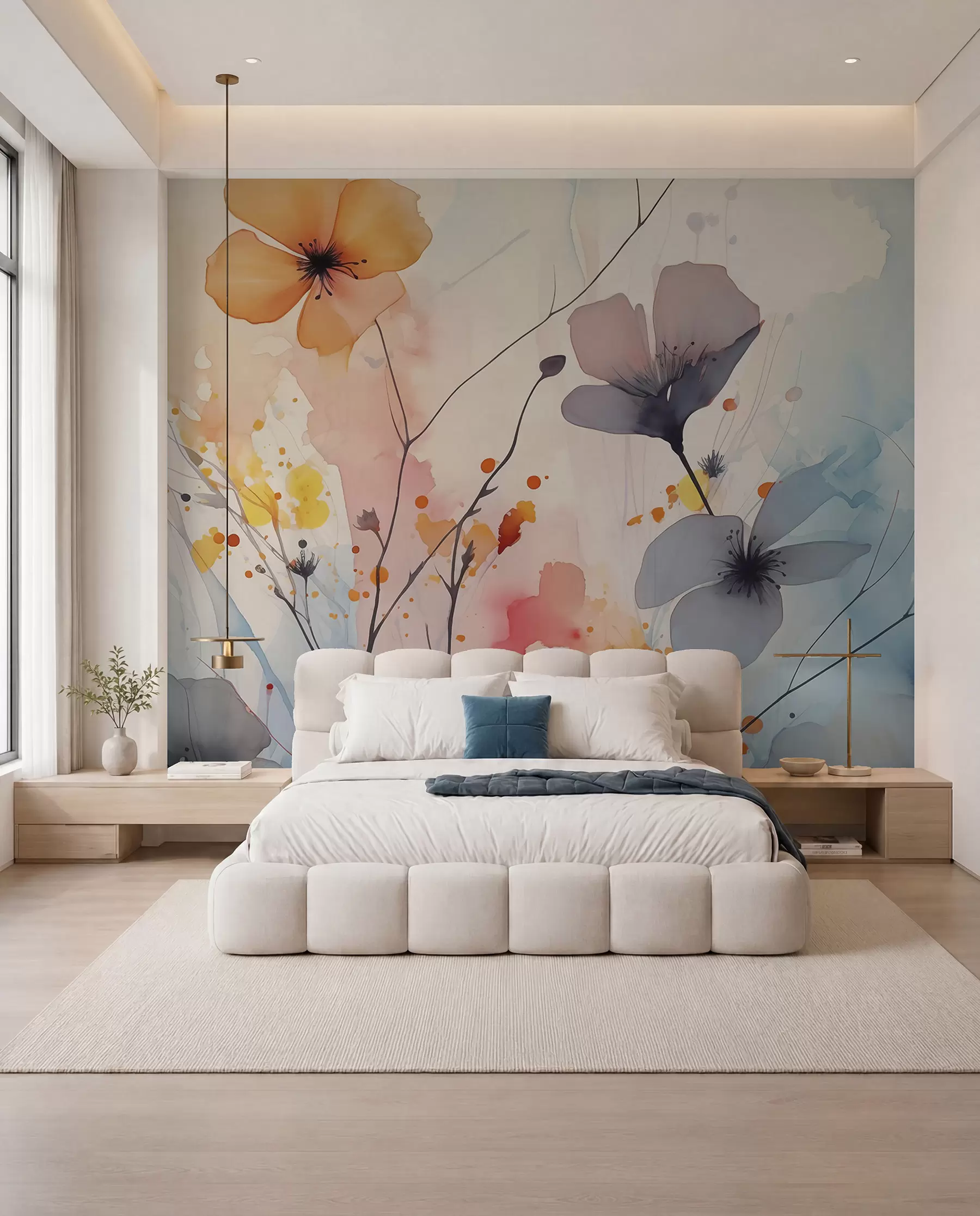 Fotobehang Abstracte heldere bloemen en takken met verfspatten natte aquarel w02049