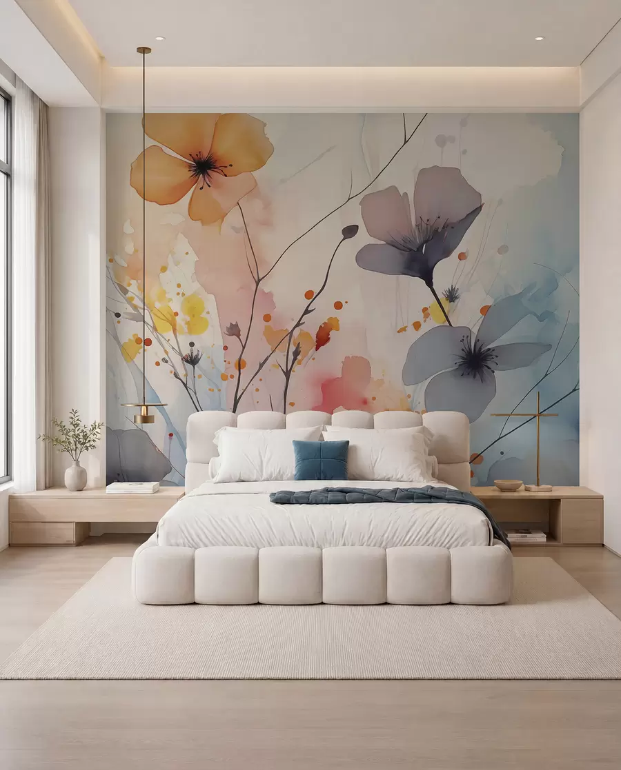 Fotobehang Abstracte heldere bloemen en takken met verfspatten natte aquarel w02049
