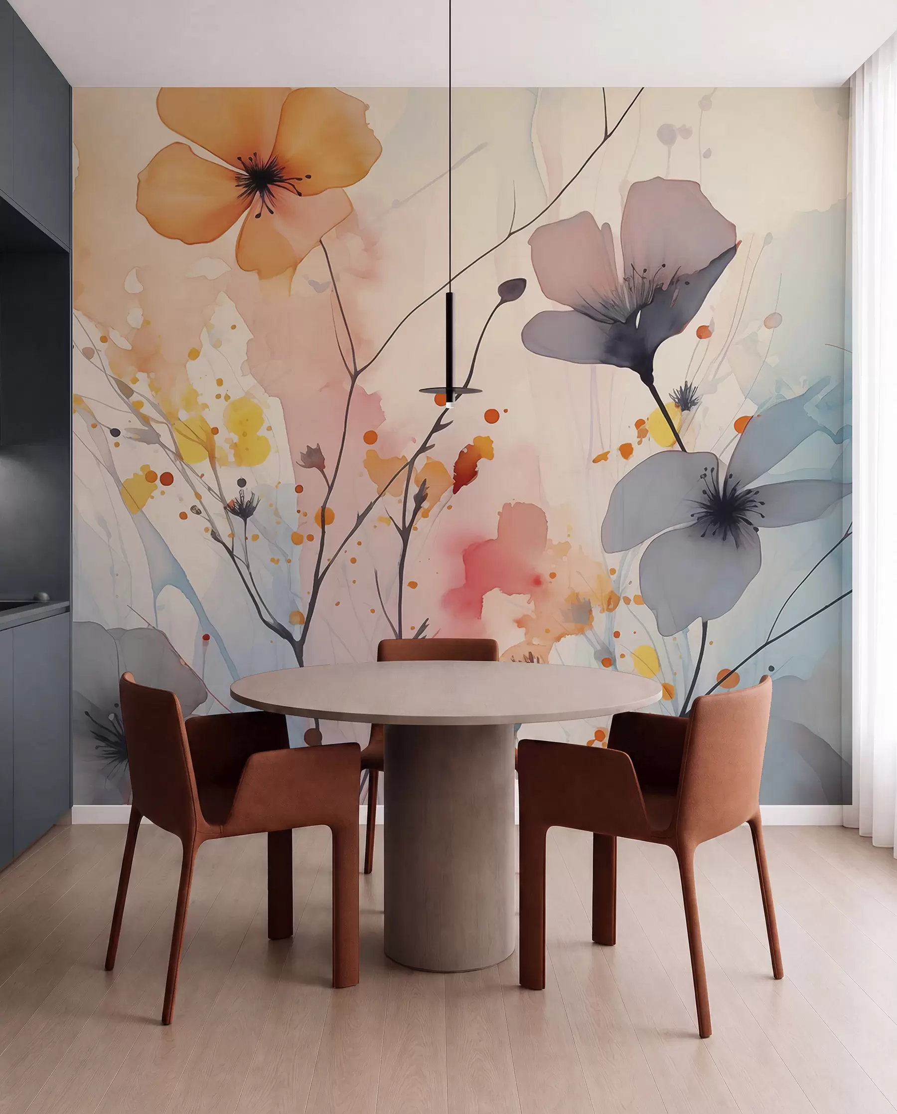 Fotobehang Abstracte heldere bloemen en takken met verfspatten natte aquarel w02049