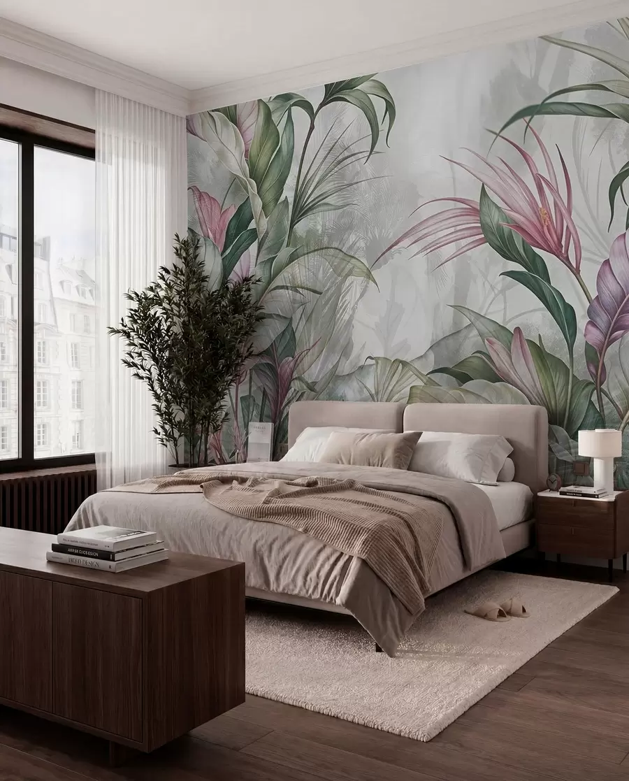 Fotobehang Loof in roze en groen w08375