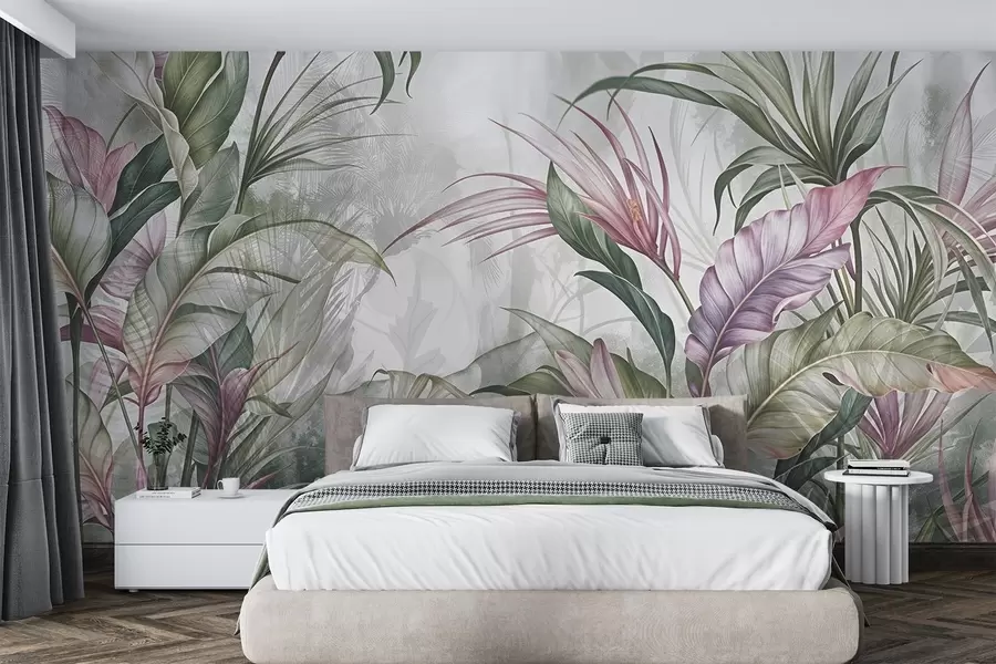 Fotobehang Tropische jungle met grote groene bladeren en roze protea bloemen met wazige getextureerde achtergrond w08375