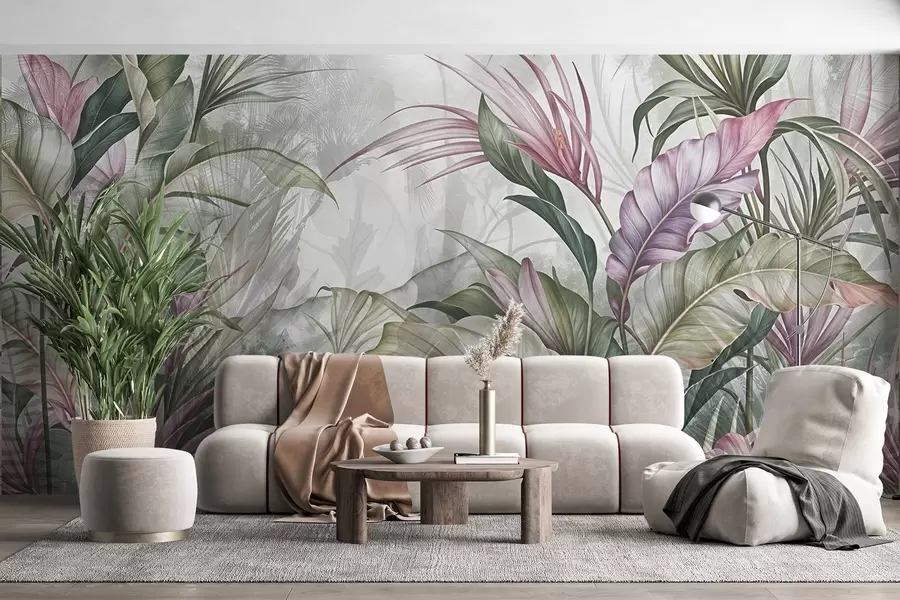 Fotobehang Tropische jungle met grote groene bladeren en roze protea bloemen met wazige getextureerde achtergrond w08375