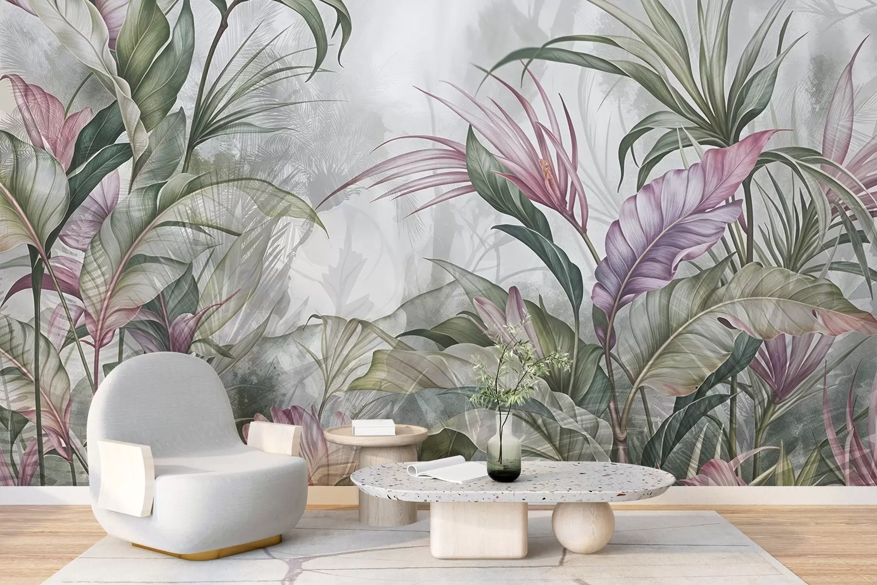 Fotobehang Tropische jungle met grote groene bladeren en roze protea bloemen met wazige getextureerde achtergrond w08375
