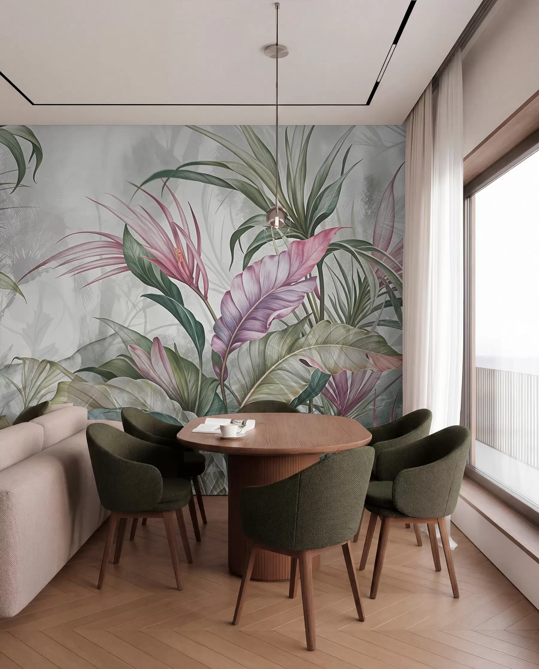 Fotobehang Tropische jungle met grote groene bladeren en roze protea bloemen met wazige getextureerde achtergrond w08375