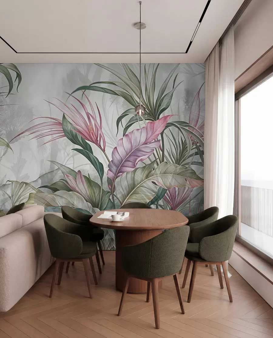 Fotobehang Tropische jungle met grote groene bladeren en roze protea bloemen met wazige getextureerde achtergrond w08375