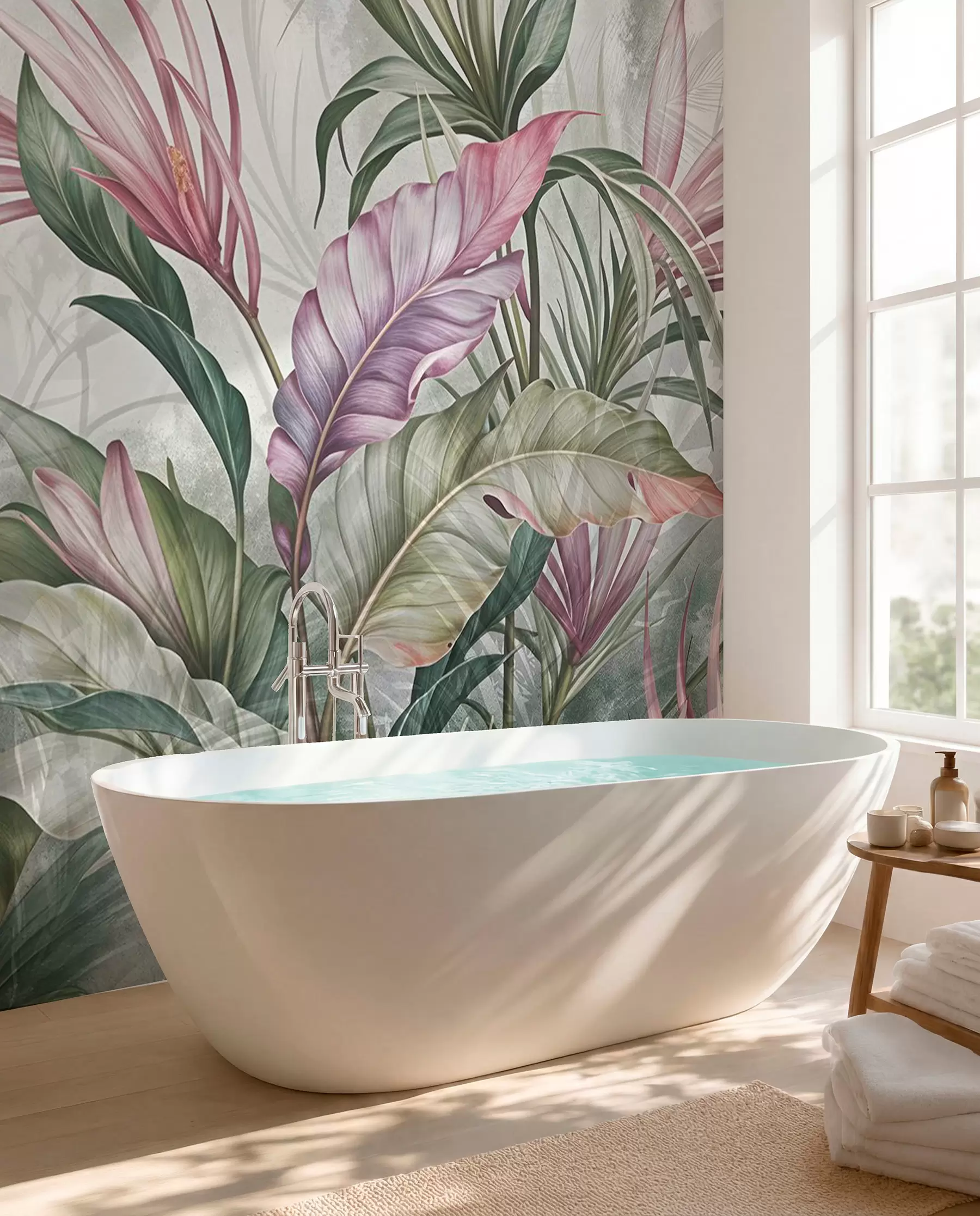 Fotobehang Tropische jungle met grote groene bladeren en roze protea bloemen met wazige getextureerde achtergrond w08375
