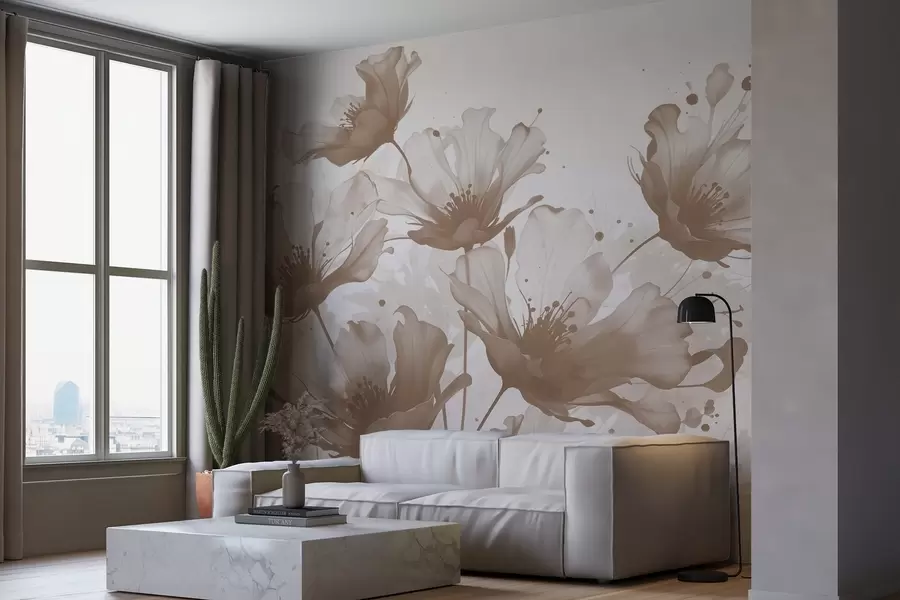 Fotobehang Delicate bruine bloemen met zachte, onscherpe bloemblaadjes en waterverfspatten tegen een lichte achtergrond w08376v1