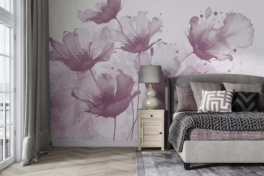 Fotobehang Delicate roze bloemen met zachte, onscherpe bloemblaadjes en waterverfspatten tegen een lichte achtergrond w08376v2
