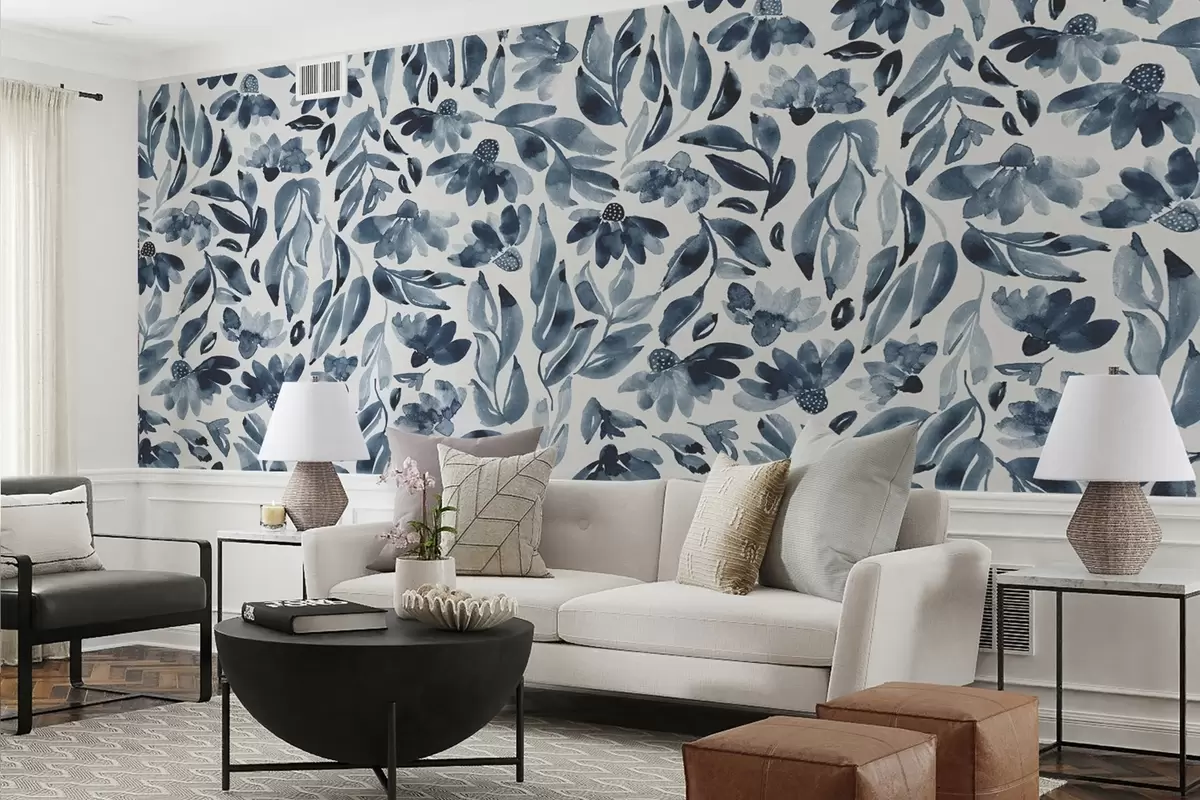 Fotobehang Elegant bloemenpatroon in blauwe tinten u99457