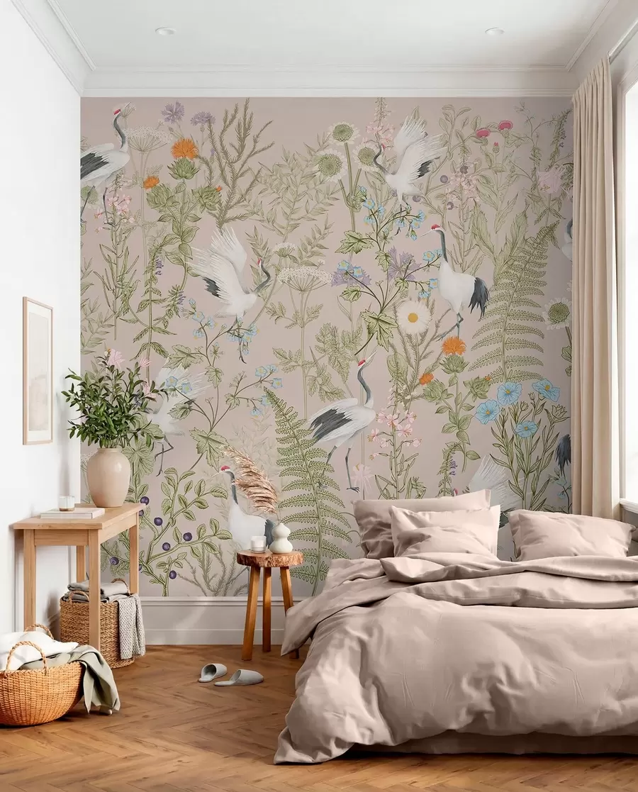 Fotobehang Elegante kraanvogels tussen levendige bloemen w00380
